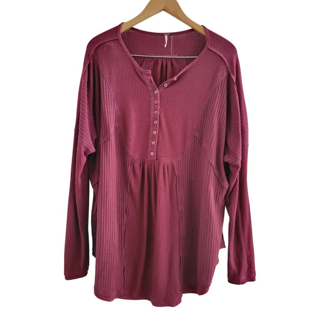Free People Burgundy Red Henley Waffle knit Top size Large peasant boho